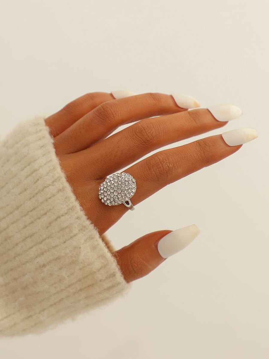 水鑽橢圓裝飾戒指 - 銀色 - 查看 1