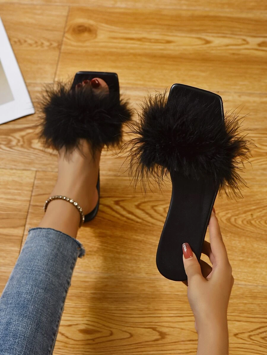 Women Black Fluffy Decor Slide Sandals, Fashionable Open Toe Flat Sandals - Black - View 1