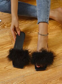 Women Black Fluffy Decor Slide Sandals, Fashionable Open Toe Flat Sandals - Black - View 4