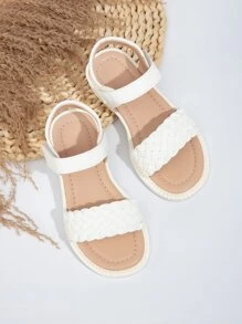 1 Pair Girls' Woven Flat Sandals, White Color Popular Model For Girls - White - View 1