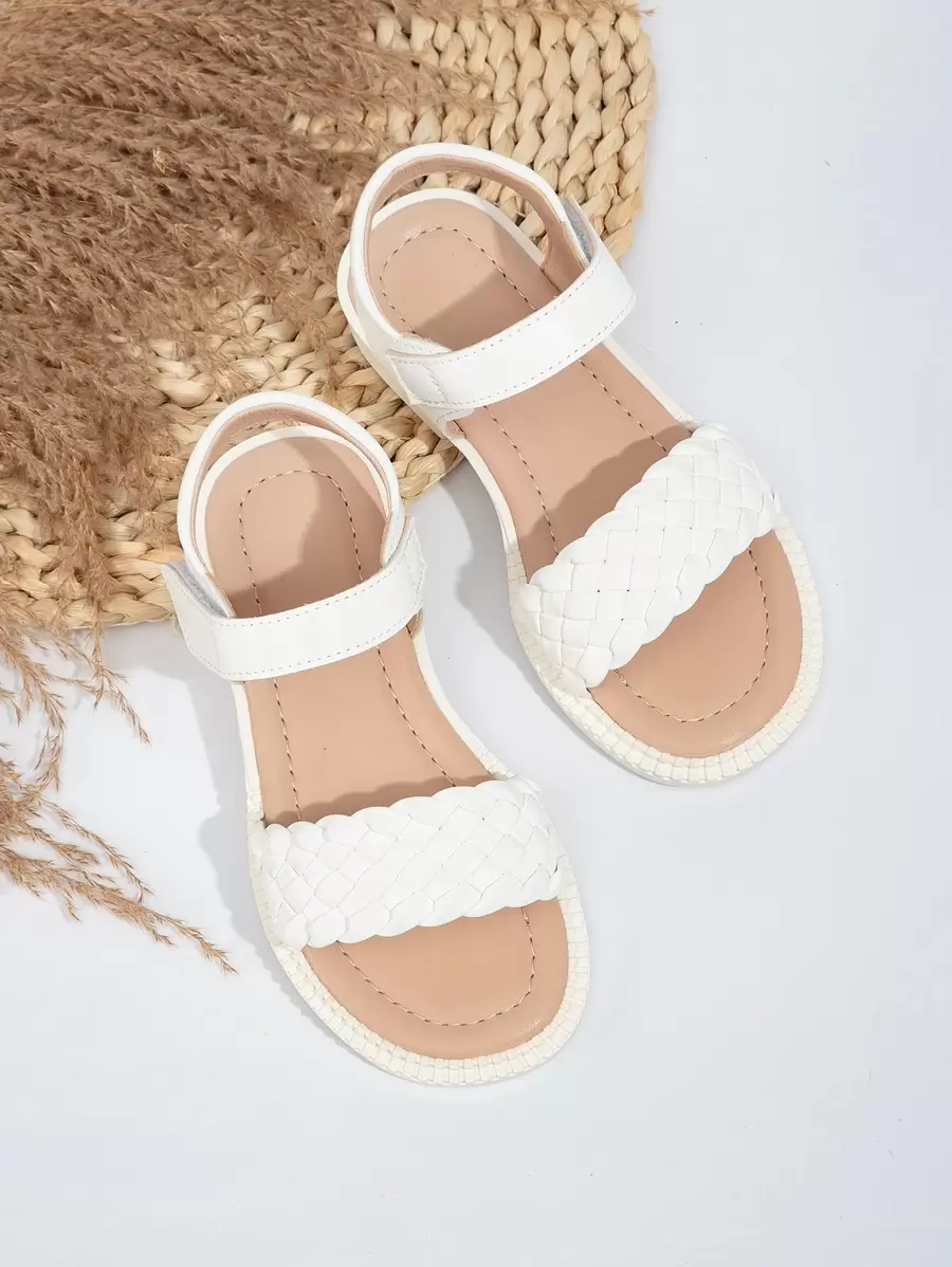 1 Pair Girls' Woven Flat Sandals, White Color Popular Model For Girls - White - View 1