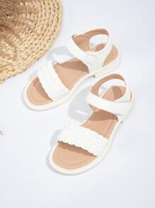 1 Pair Girls' Woven Flat Sandals, White Color Popular Model For Girls - White - View 5