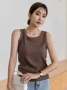 DAZY Einfarbige Rippenstrick Tank Top - Kaffeebraun - Übersicht 3