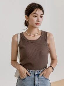 DAZY Einfarbige Rippenstrick Tank Top - Kaffeebraun - Übersicht 4