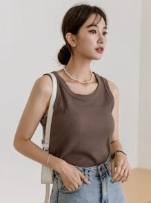 DAZY Einfarbige Rippenstrick Tank Top - Kaffeebraun - Übersicht 7