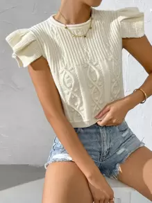 Rafferiza Top de punto de manga con volante con textura - Beis - Ver 4