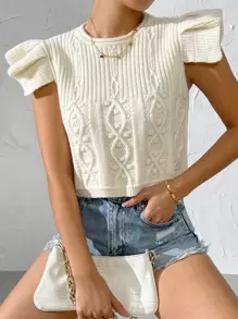 Rafferiza Top de punto de manga con volante con textura - Beis - Ver 6