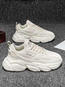 Men Letter Patch Decor Mesh Panel Lace-Up Front Chunky Beige Sneakers School Shoes - Beige - View 1