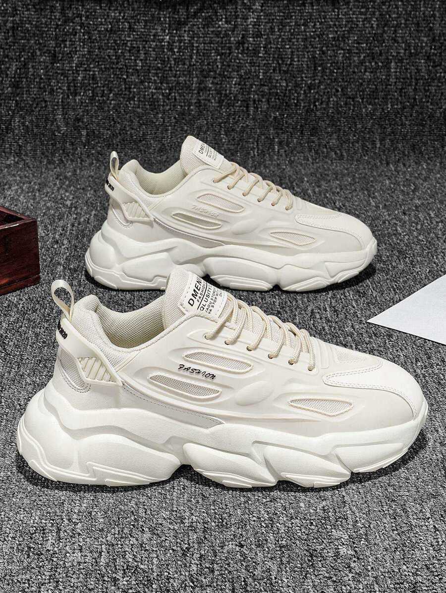 Men Letter Patch Decor Mesh Panel Lace-Up Front Chunky Beige Sneakers School Shoes - Beige - View 1