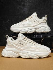 Men Letter Patch Decor Mesh Panel Lace-Up Front Chunky Beige Sneakers School Shoes - Beige - View 2