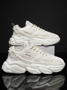 Men Letter Patch Decor Mesh Panel Lace-Up Front Chunky Beige Sneakers School Shoes - Beige - View 3