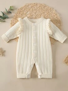嬰兒荷葉邊前紐扣針織連身短褲 - 米色 - 查看 1