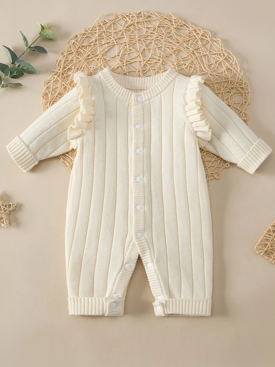 嬰兒荷葉邊前紐扣針織連身短褲 - 米色 - 查看 1