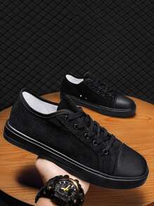 Men Corduroy Lace-up Front Canvas Shoes - Black - View 1