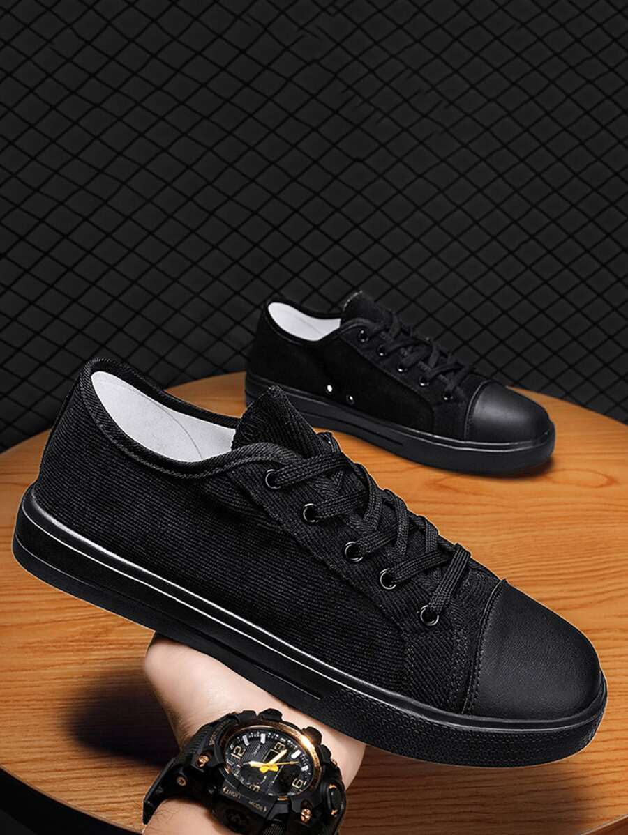 Men Corduroy Lace-up Front Canvas Shoes - Black - View 1