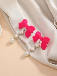 1 对手工制作的玫瑰红树脂蝴蝶结和玻璃珍珠吊坠耳环 - 彩色 - 查看 1