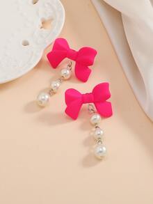 1 对手工制作的玫瑰红树脂蝴蝶结和玻璃珍珠吊坠耳环 - 彩色 - 查看 3