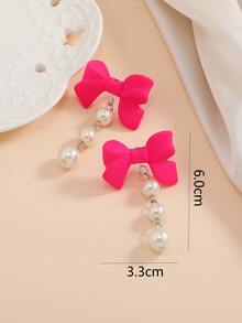 1 对手工制作的玫瑰红树脂蝴蝶结和玻璃珍珠吊坠耳环 - 彩色 - 查看 4