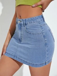 SHEIN EZwear 愛心刺繡緊身牛仔半身裙 - 淺色水洗藍 - 查看 2