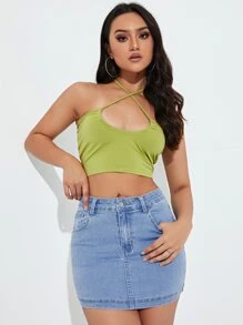 SHEIN EZwear 愛心刺繡緊身牛仔半身裙 - 淺色水洗藍 - 查看 5