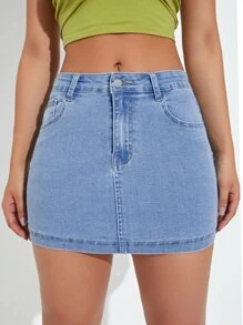 SHEIN EZwear 愛心刺繡緊身牛仔半身裙 - 淺色水洗藍 - 查看 6