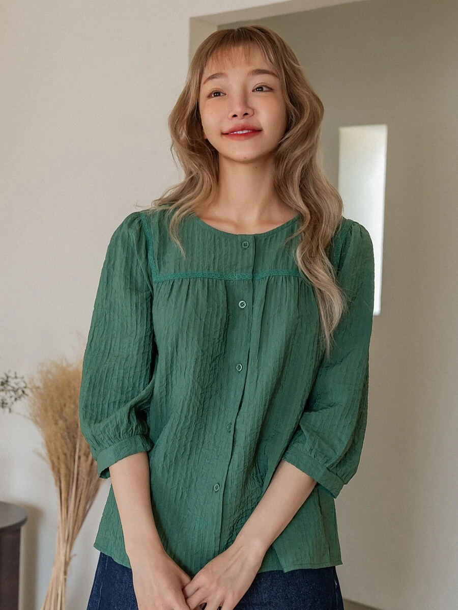 DAZY 純色扣前襯衫 - 墨綠色 - 查看 1