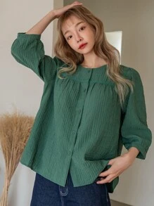 DAZY 純色扣前襯衫 - 墨綠色 - 查看 4