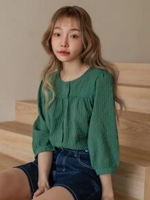 DAZY 純色扣前襯衫 - 墨綠色 - 查看 5