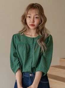 DAZY 純色扣前襯衫 - 墨綠色 - 查看 6