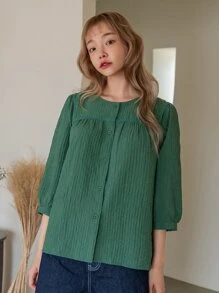 DAZY 純色扣前襯衫 - 墨綠色 - 查看 7