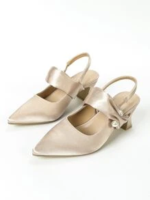 Satin Faux Pearl Decor Point Toe Sculptural Heeled Slingback Pumps - Champagne - View 5