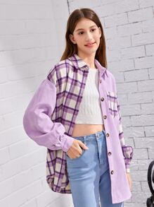 SHEIN Teen Girls Colourblock Plaid Pattern Drop Shoulder Coat - Multicolor - View 1