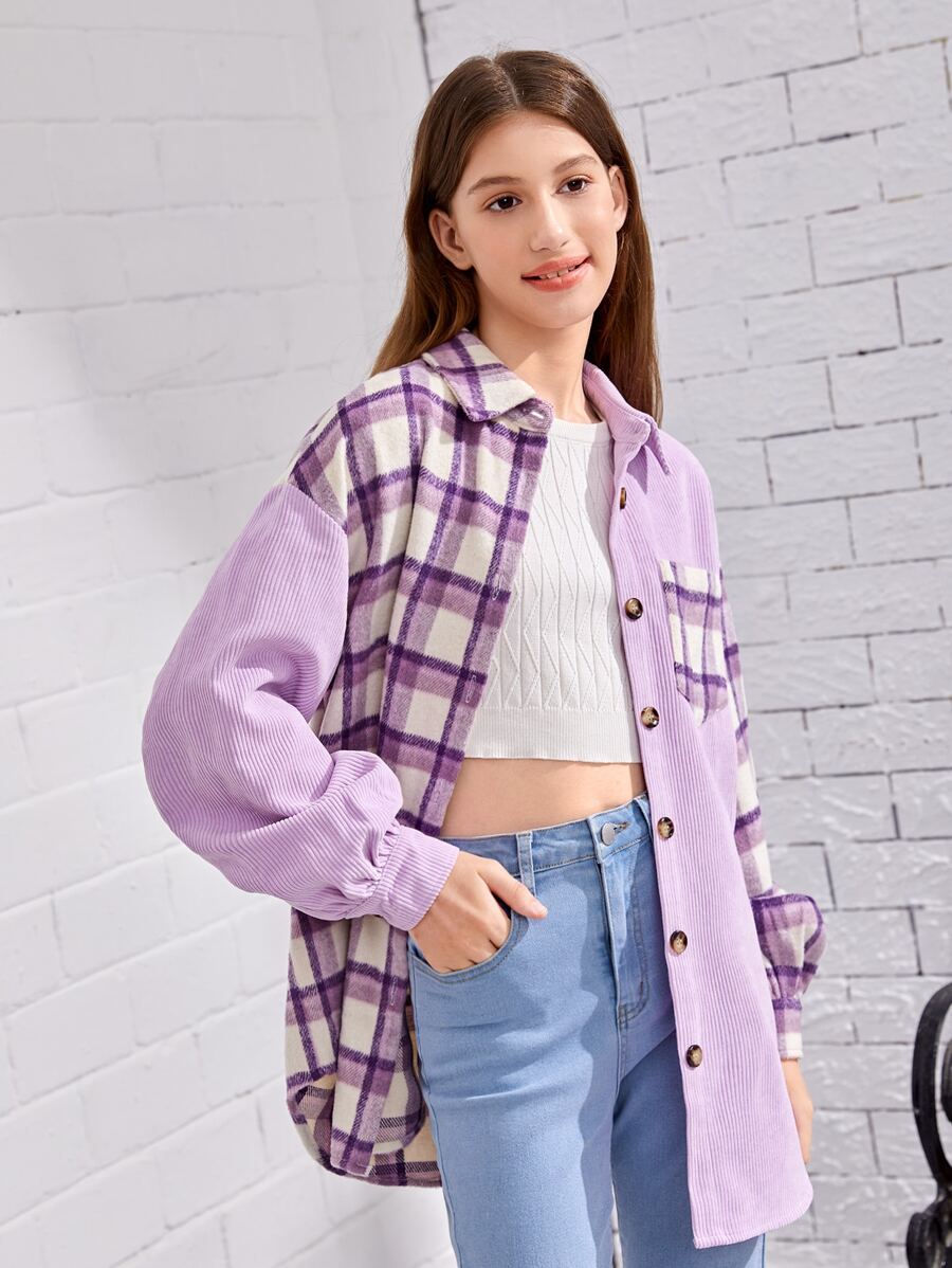 SHEIN Teen Girls Colourblock Plaid Pattern Drop Shoulder Coat - Multicolor - View 1