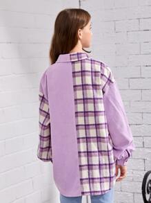 SHEIN Teen Girls Colourblock Plaid Pattern Drop Shoulder Coat - Multicolor - View 2