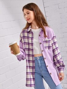 SHEIN Teen Girls Colourblock Plaid Pattern Drop Shoulder Coat - Multicolor - View 3