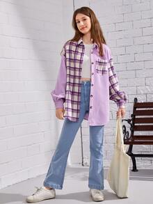 SHEIN Teen Girls Colourblock Plaid Pattern Drop Shoulder Coat - Multicolor - View 5