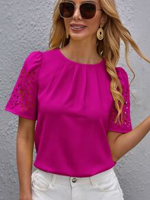 SHEIN Clasi Puff Sleeve Cutout Detail Top - Red Violet - View 4