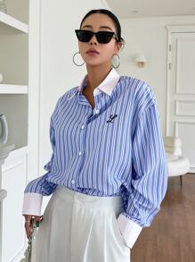 DAZY Striped Letter Embroidery Drop Shoulder Shirt,Long Sleeve Tops