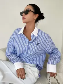 DAZY Striped Letter Embroidery Drop Shoulder Shirt,Long Sleeve Tops