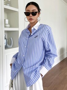 DAZY Striped Letter Embroidery Drop Shoulder Shirt,Long Sleeve Tops