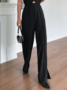 DAZY High Waist Split Hem Wide Leg Trousers - Black - View 3