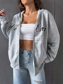 SHEIN MOOSTA Drop Shoulder Letter Graphic Hoodie Fall - Grey - View 1