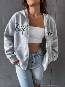 SHEIN MOOSTA Drop Shoulder Letter Graphic Hoodie Fall - Grey - View 3