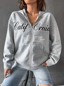 SHEIN MOOSTA Drop Shoulder Letter Graphic Hoodie Fall - Grey - View 4