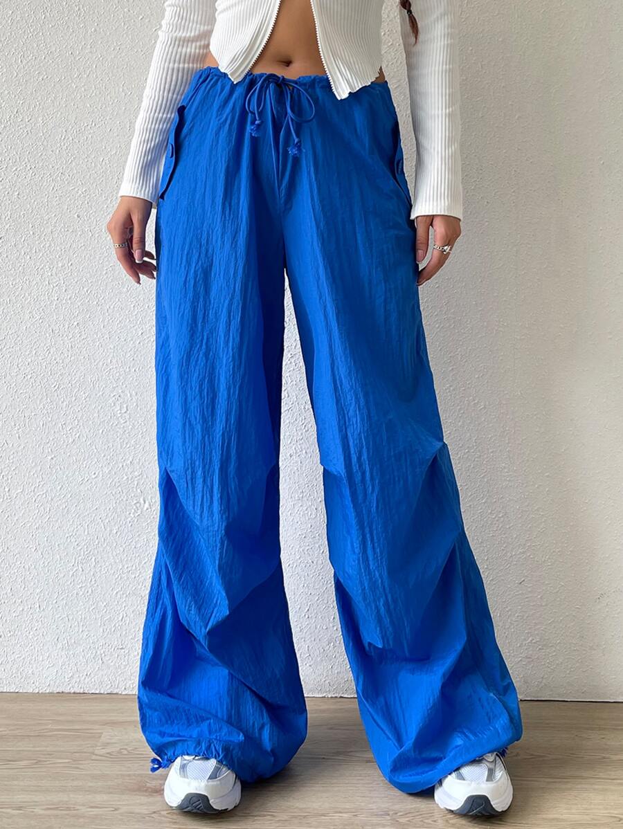 SHEIN EZwear Solid Drawstring Waist Wide Leg Parachute Trousers - Blue - View 1