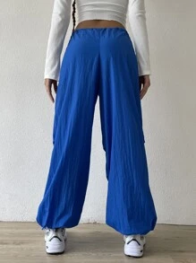 SHEIN EZwear Solid Drawstring Waist Wide Leg Parachute Trousers - Blue - View 2