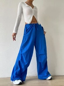 SHEIN EZwear Solid Drawstring Waist Wide Leg Parachute Trousers - Blue - View 3