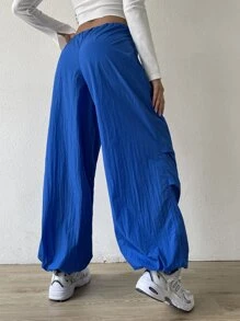 SHEIN EZwear Solid Drawstring Waist Wide Leg Parachute Trousers - Blue - View 5