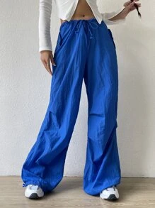 SHEIN EZwear Solid Drawstring Waist Wide Leg Parachute Trousers - Blue - View 6