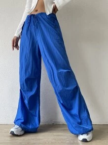 SHEIN EZwear Solid Drawstring Waist Wide Leg Parachute Trousers - Blue - View 7